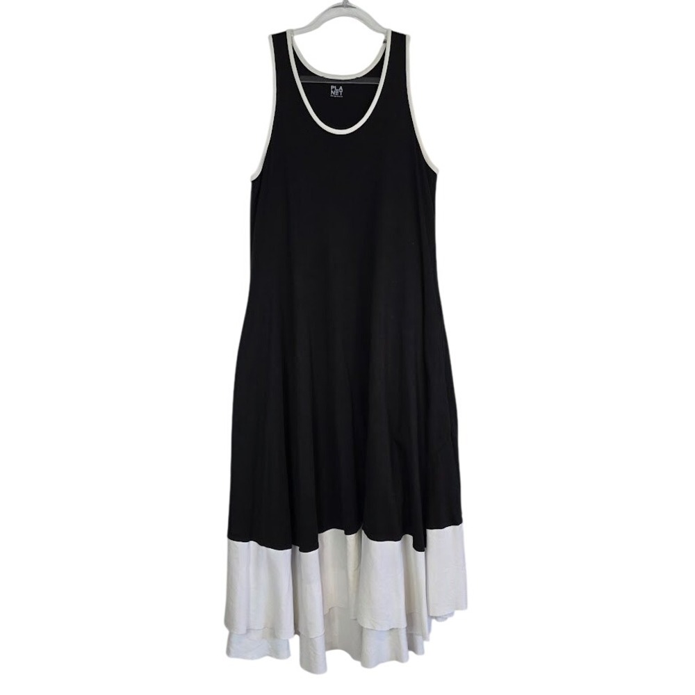 Planet Lauren G Women's Maxi Dress Black White Pima Cotton Colorblock‎ Lagenlook